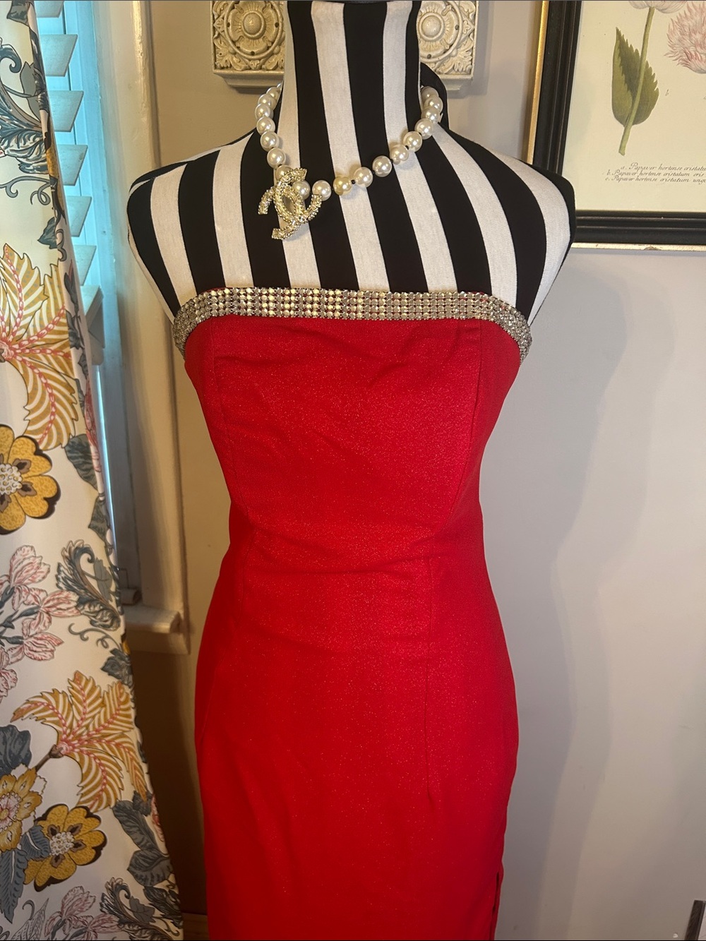 Vintage 2000’s Panoply Red sparkly Strapless Evening Gown with Rhinestone Trim